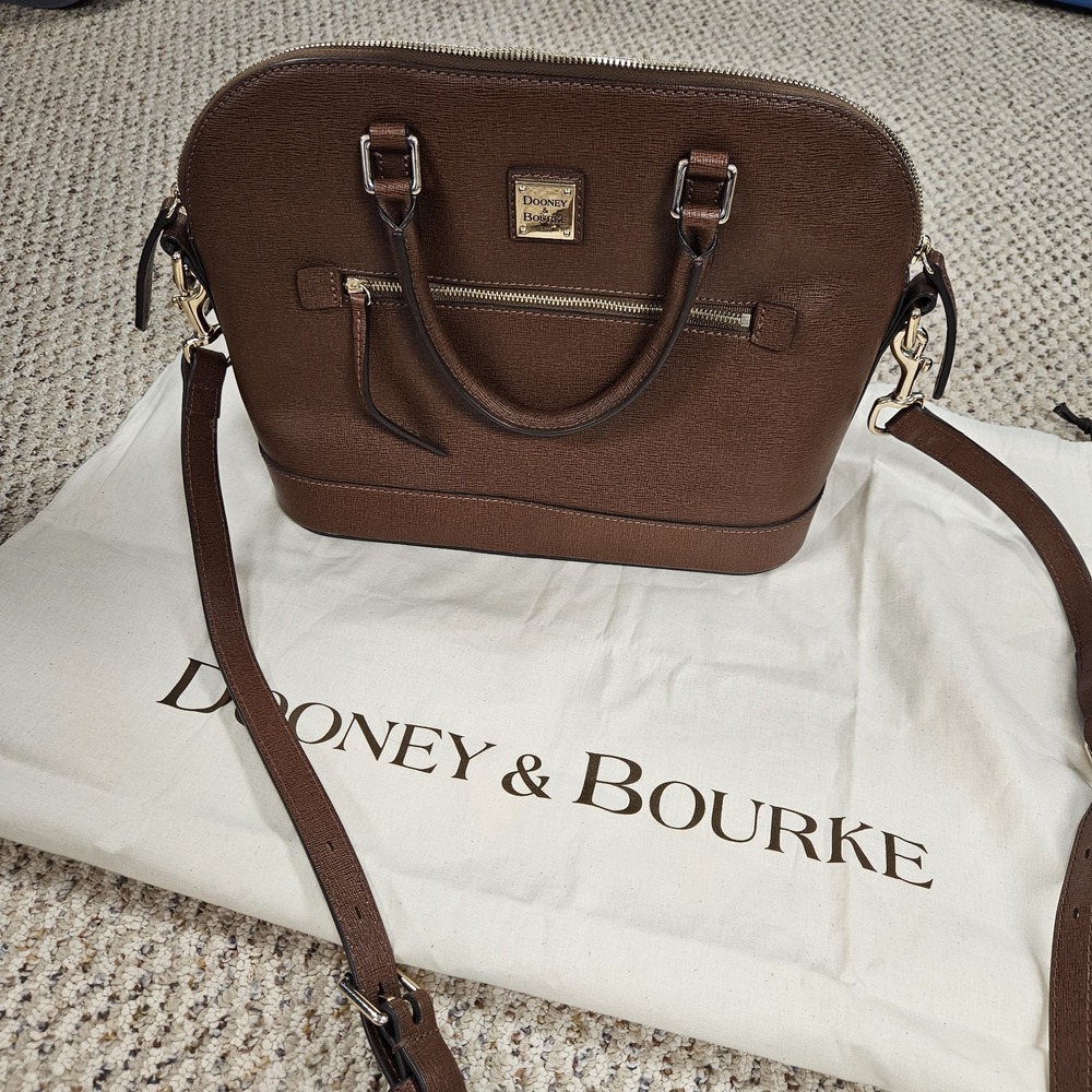 Dooney & Bourke Saffiano Domed Zip‎ Satchel Bag Brown Leather Detachable Strap